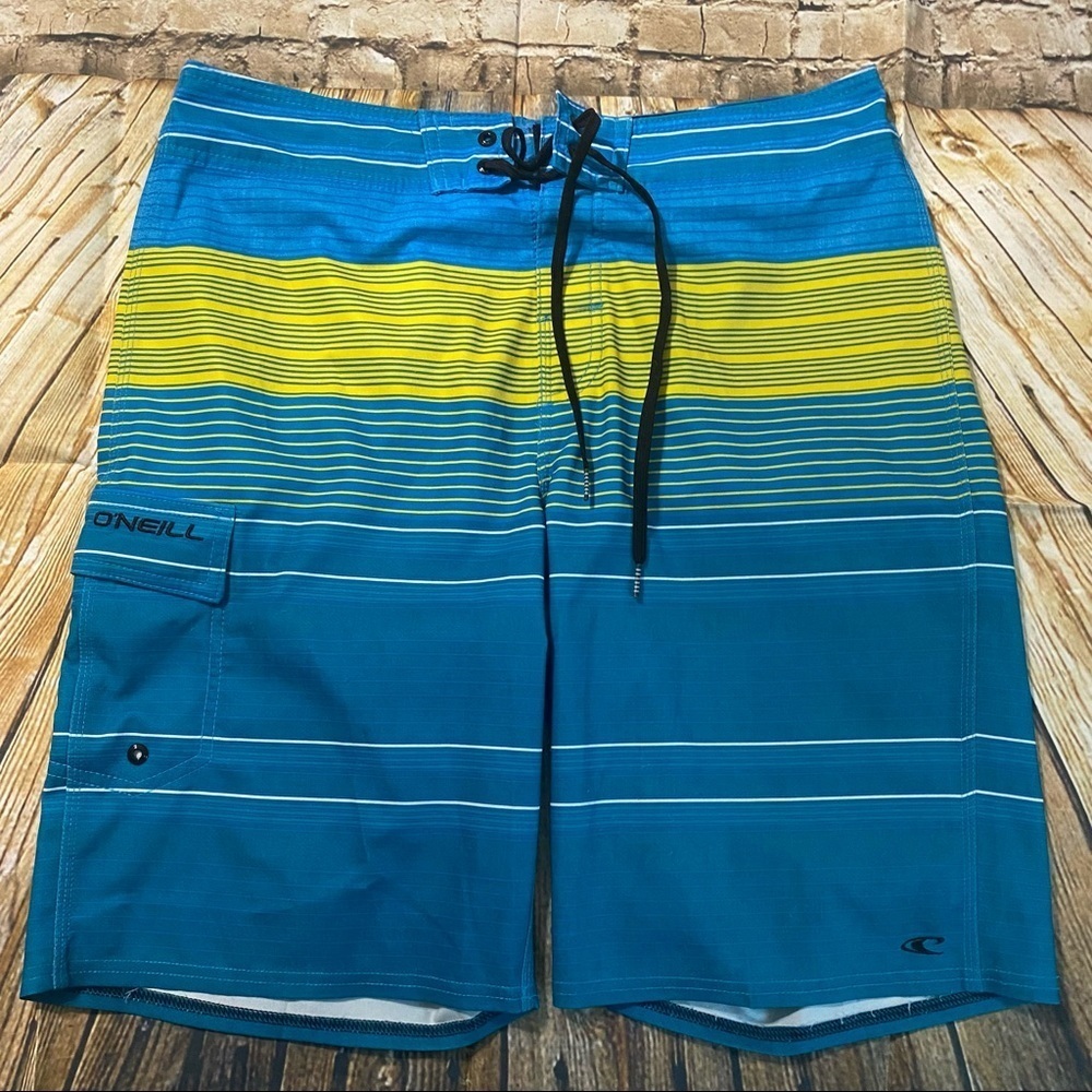 O’Neill Blue Green Striped Unlined Board Shorts